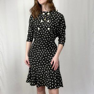 Vintage High Waisted Double Breasted Tiered Ruffle Crew Mod Secretary Midi Dress